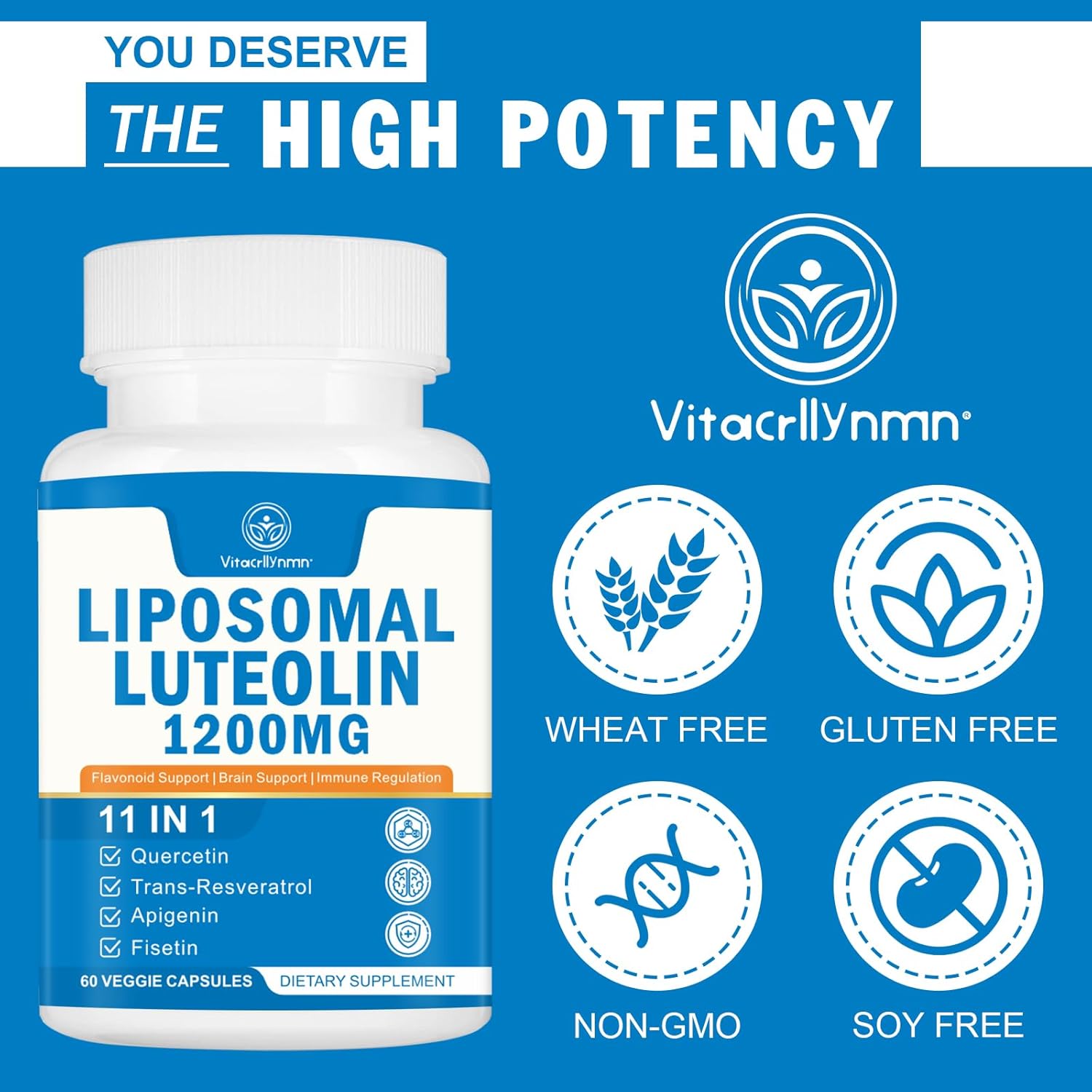 High Strength Liposomal Luteolin Supplement 1200MG - Enhanced Brain Antioxidant Support - 120 Capsules