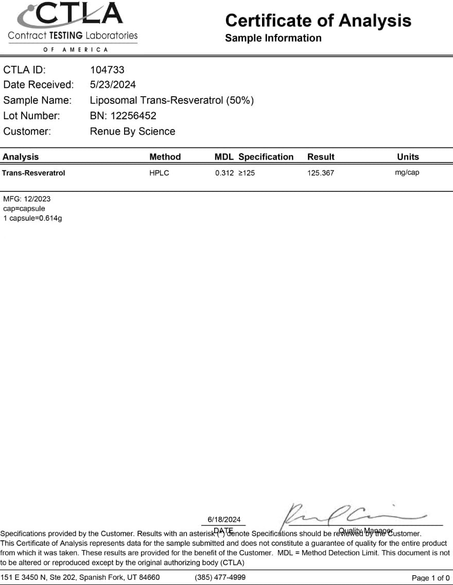High Strength Liposomal Resveratrol Supplement | 90 Capsules | 125mg per Serving | Non-GMO | Made in USA | Third-Party Tested