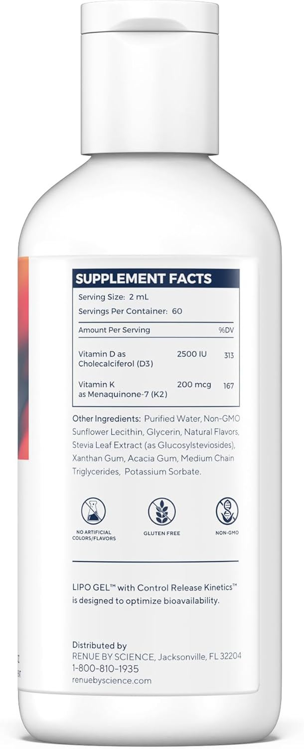 High Strength Liposomal Vitamin D3 K2 Gel - 2500IU D3 & 200mcg K2 - Non-GMO - Made in USA