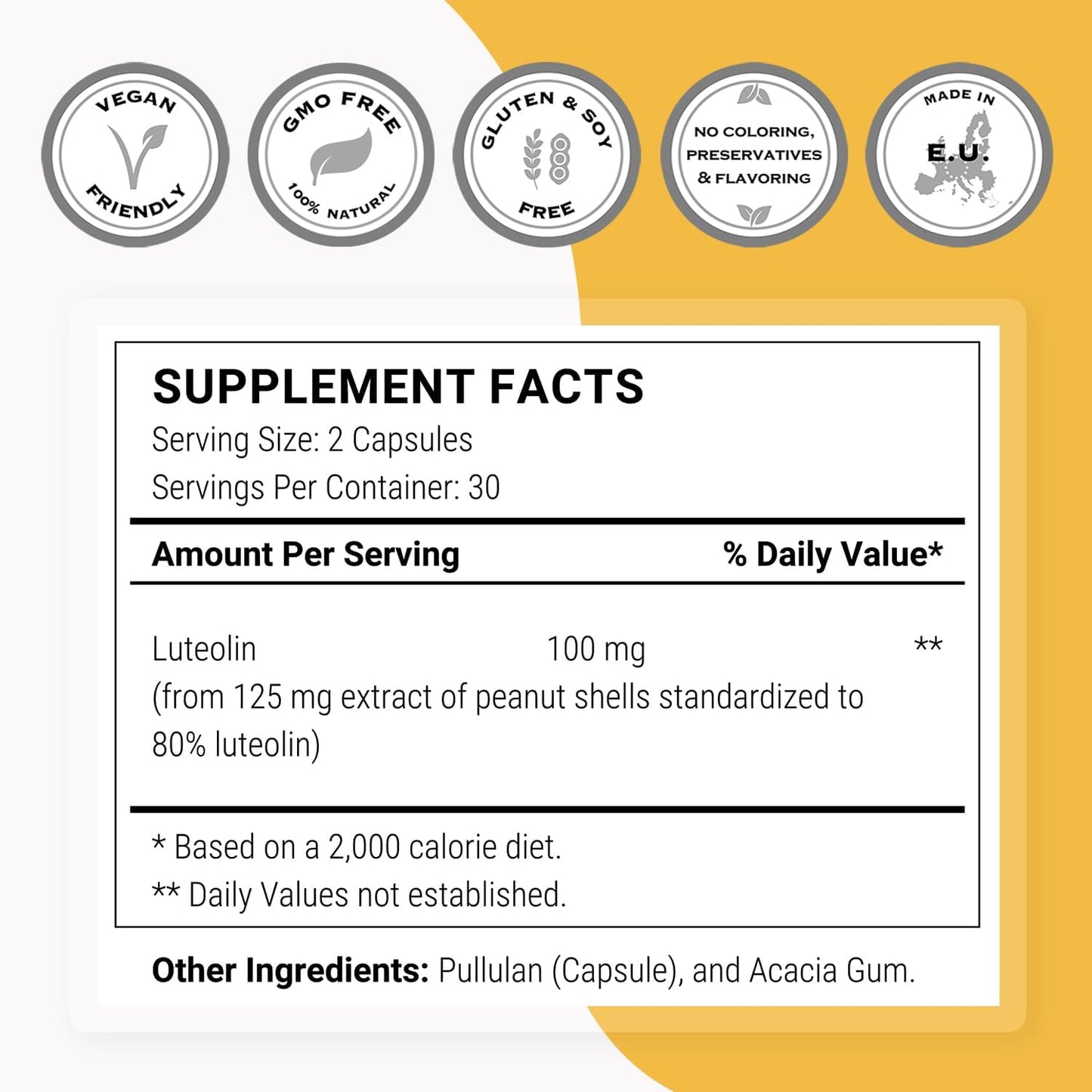 High Strength Luteolin 100mg Daily Supplement - 3 Pack - Bioactive Flavonoid, Non-GMO, Gluten Free - 180 Vegetarian Capsules