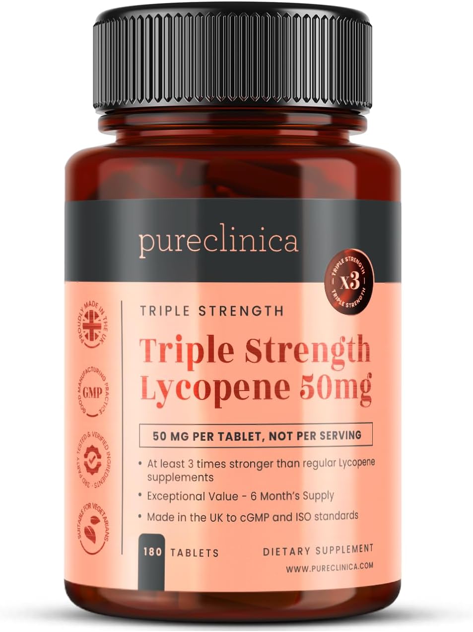 High Strength Lycopene Supplement 50mg x 180 Tablets - 6 Month Supply - 300% Stronger Than Regular Tablets