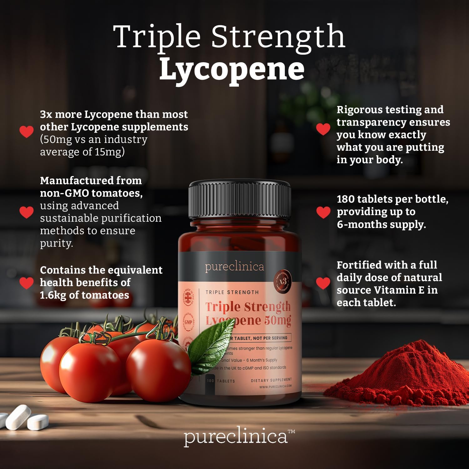 High Strength Lycopene Supplement 50mg x 180 Tablets - 6 Month Supply - 300% Stronger Than Regular Tablets