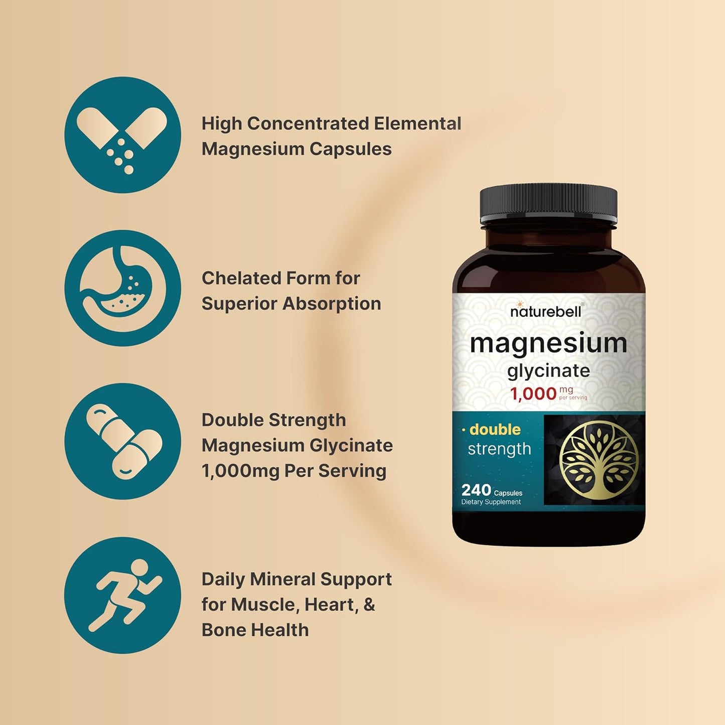 High Strength Magnesium Glycinate Supplement 1000mg | 240 Capsules, 500mg Each | Chelated & Non-GMO Formula - Gluten Free
