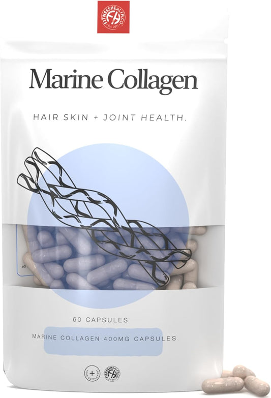High Strength Marine Collagen Capsules for Hair, Skin, & Joints - Protein Supplement for Women & Men - 400mg, 60 Pack