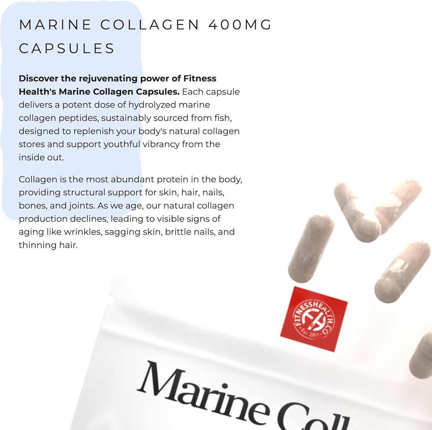 High Strength Marine Collagen Capsules for Hair, Skin, & Joints - Protein Supplement for Women & Men - 400mg, 60 Pack