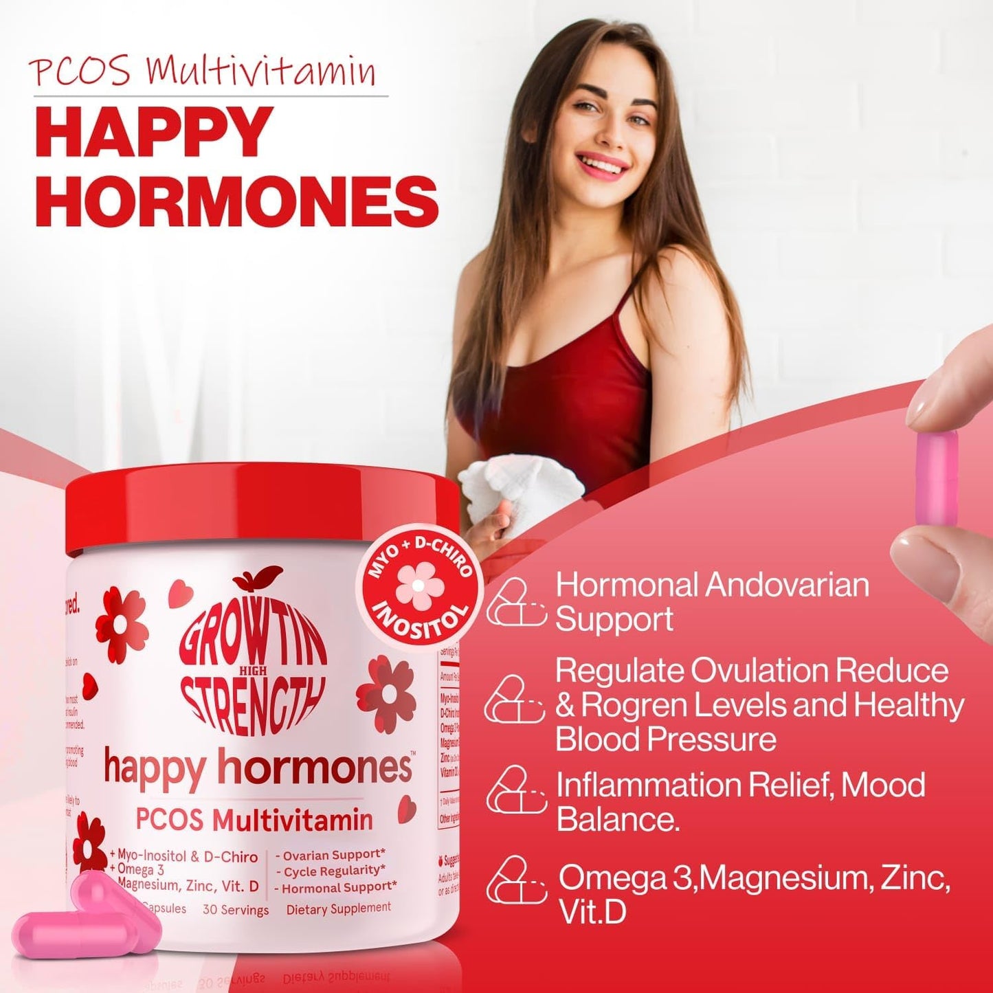 High Strength Myo-Inositol & D-Chiro Inositol Supplement for Women - Hormone Balance, Mood Support & Energy Boost - Growtin Happy Hormones