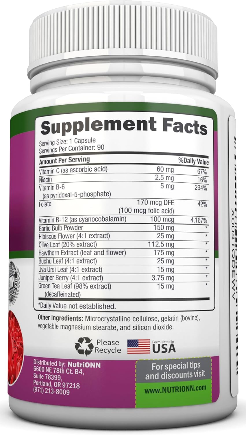 High Strength Nutritional Blood Pressure Support Supplement with 13 Herbs & Vitamins - Natural Non-GMO Capsules for Men & Women - 90 Day Supply