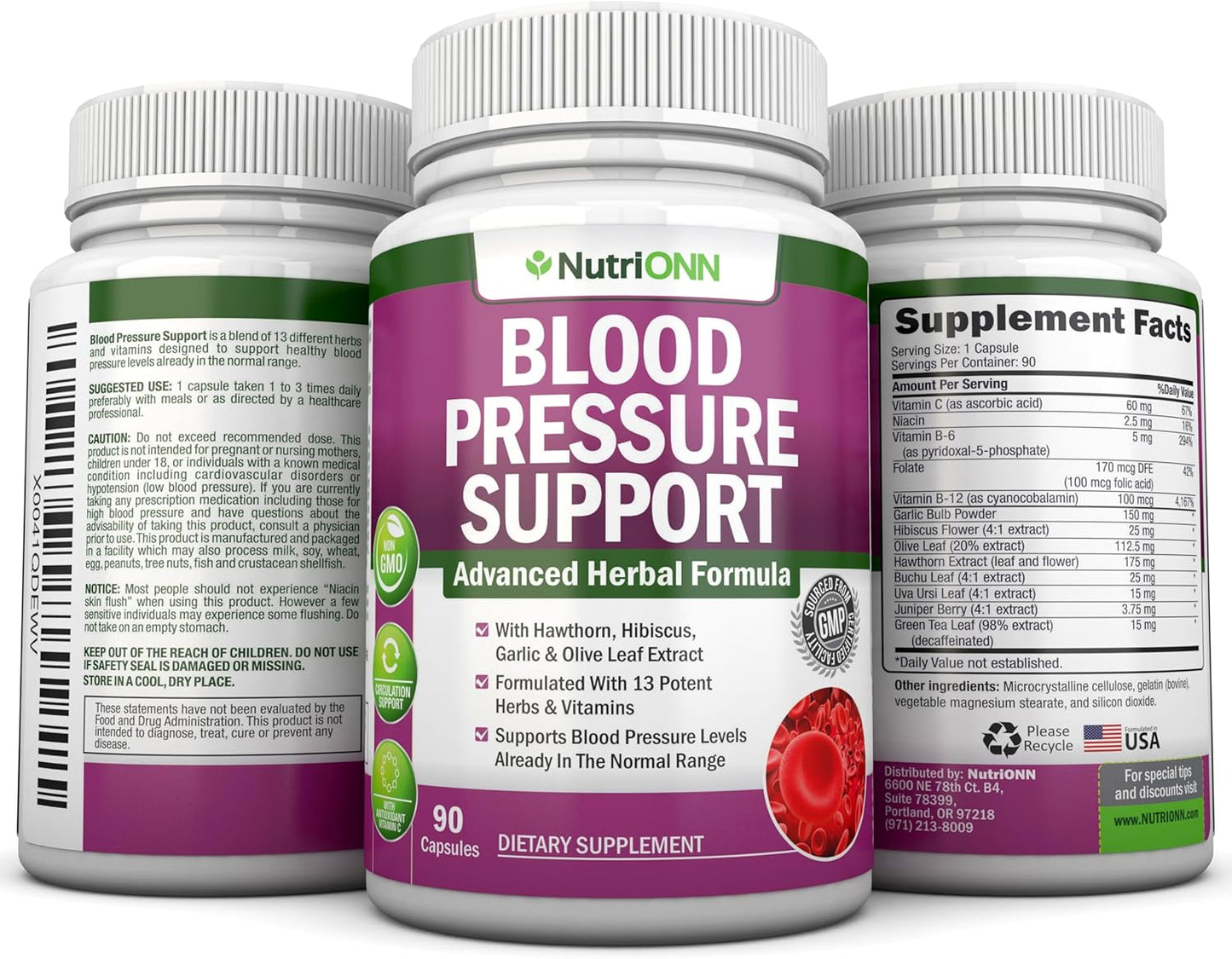 High Strength Nutritional Blood Pressure Support Supplement with 13 Herbs & Vitamins - Natural Non-GMO Capsules for Men & Women - 90 Day Supply