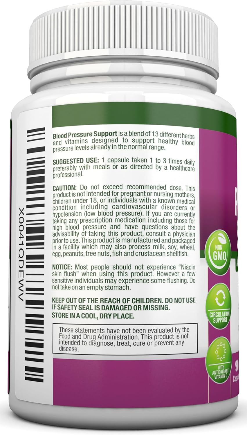 High Strength Nutritional Blood Pressure Support Supplement with 13 Herbs & Vitamins - Natural Non-GMO Capsules for Men & Women - 90 Day Supply