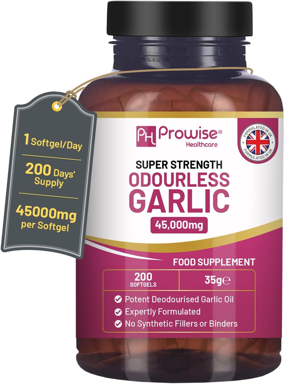 High Strength Odourless Garlic Capsules 45,000mg | 200 Softgels | Cold Pressed Premium Garlic Oil Extract