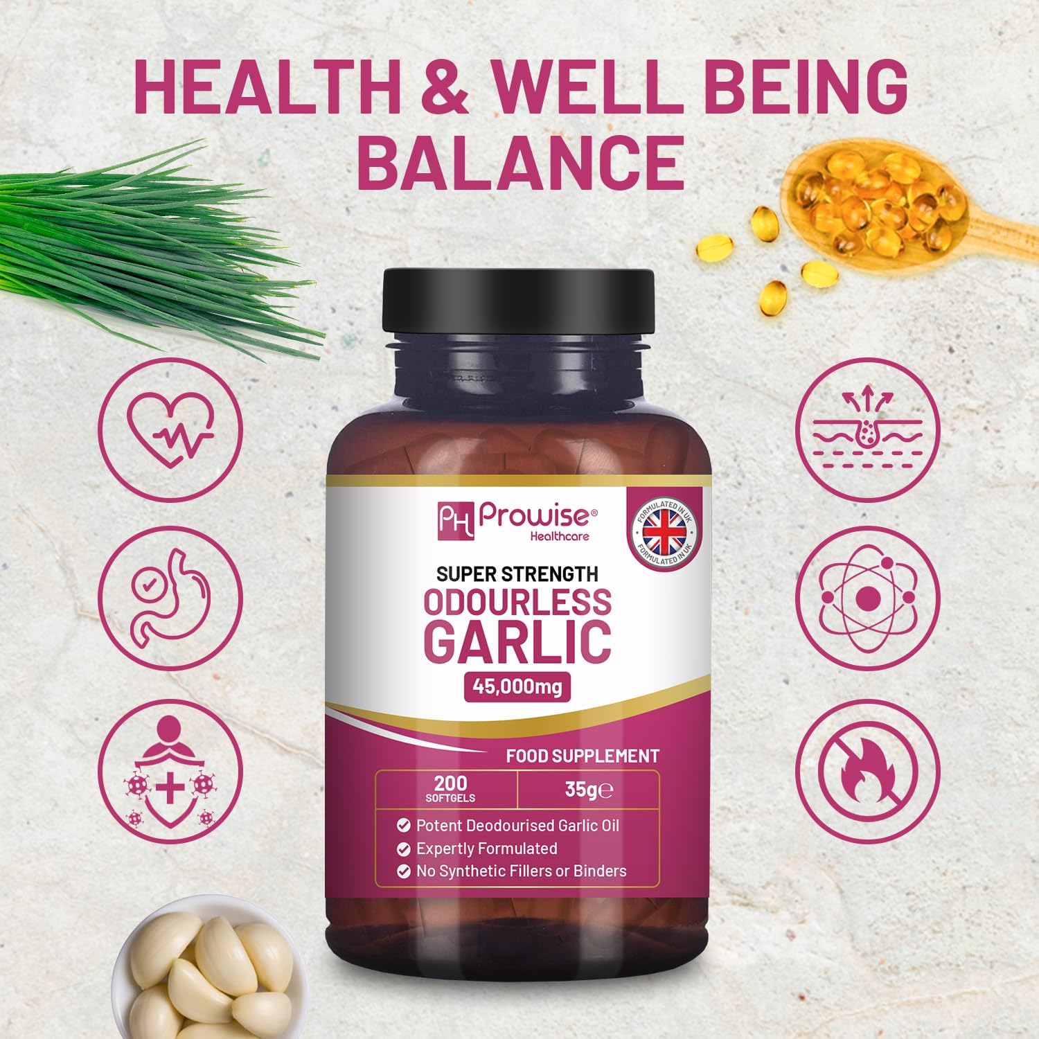 High Strength Odourless Garlic Capsules 45,000mg | 200 Softgels | Cold Pressed Premium Garlic Oil Extract
