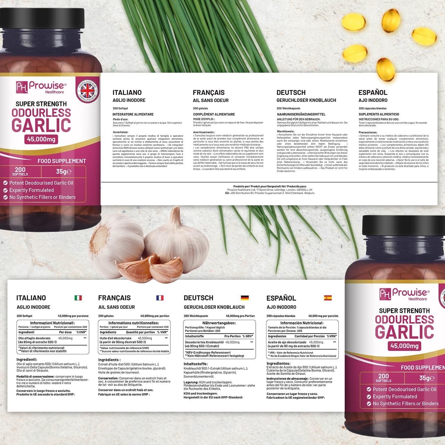 High Strength Odourless Garlic Capsules 45,000mg | 200 Softgels | Cold Pressed Premium Garlic Oil Extract