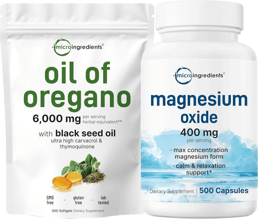 High Strength Oil of Oregano Softgels & Magnesium Oxide Bundle Pack | 6,000mg & 400mg | 4X Carvacrol & Thymoquinon | Max Concentration Formula