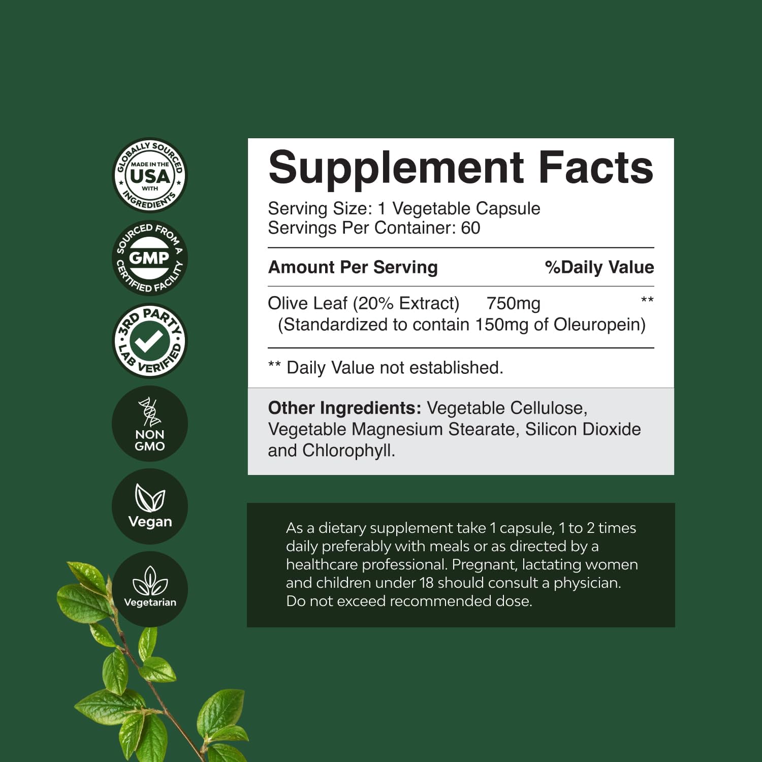 High Strength Olive Leaf Extract Capsules - 20% Oleuropein Antioxidant Supplement - Herbal Heart Health - Vegan Non-GMO Gluten Free - 2 Month Supply