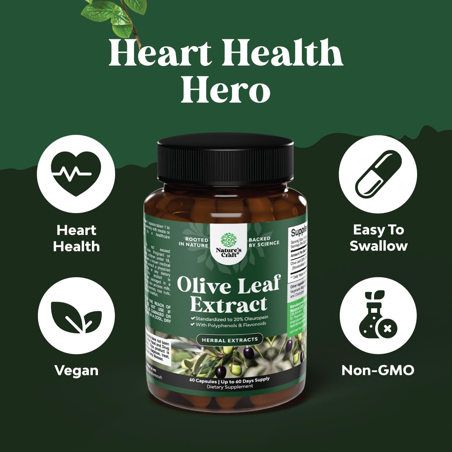 High Strength Olive Leaf Extract Capsules - 20% Oleuropein Antioxidant Supplement - Herbal Heart Health - Vegan Non-GMO Gluten Free - 2 Month Supply
