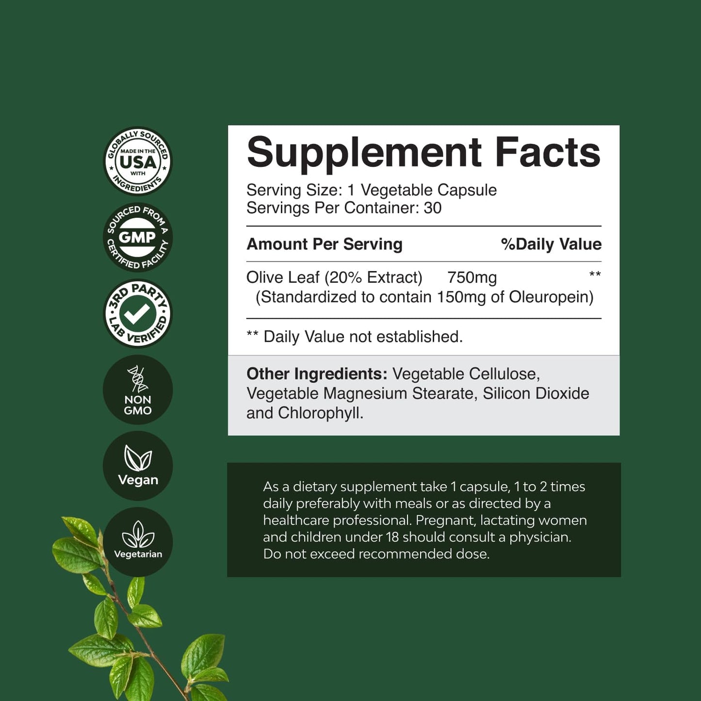 High Strength Olive Leaf Extract Capsules with 20% Oleuropein - Herbal Antioxidant for Heart Health - Vegan Non-GMO Supplement
