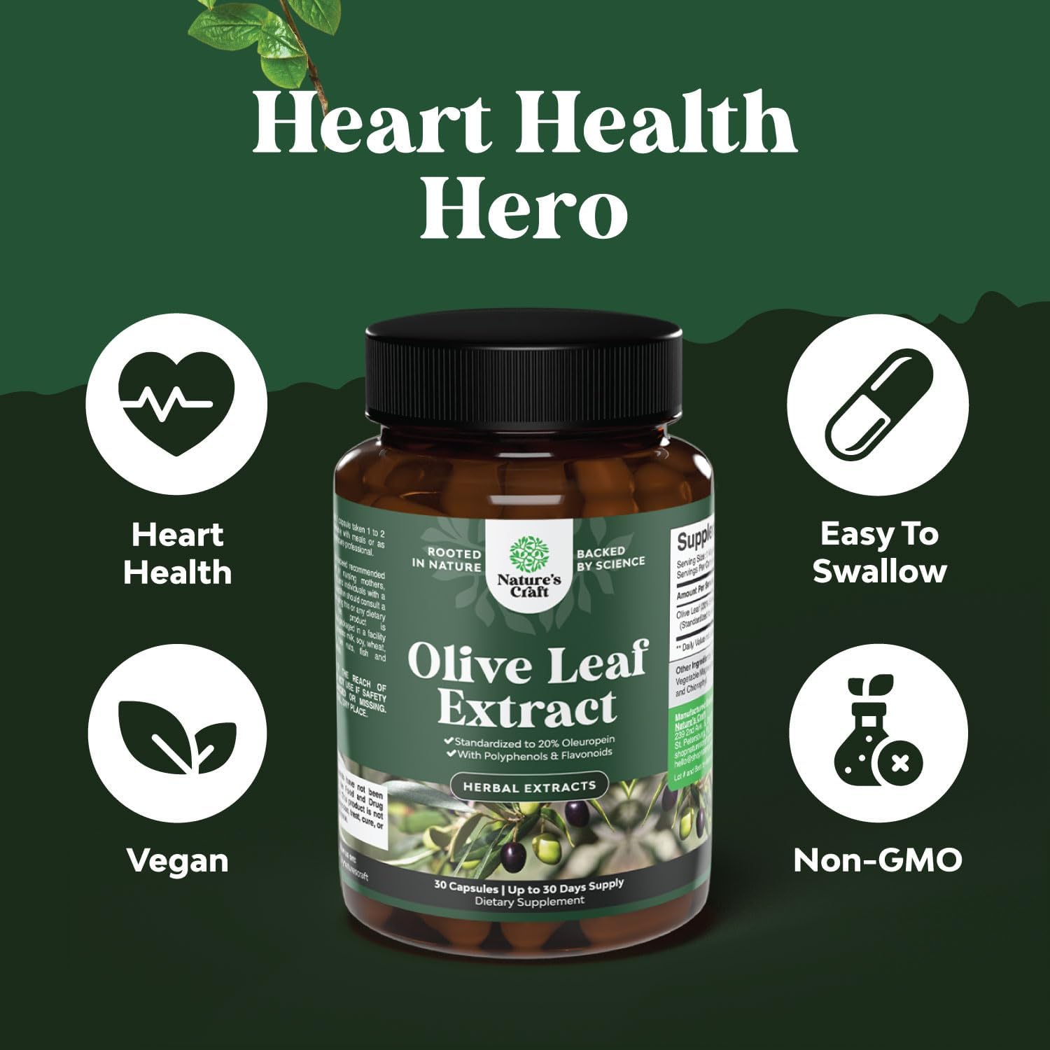 High Strength Olive Leaf Extract Capsules with 20% Oleuropein - Herbal Antioxidant for Heart Health - Vegan Non-GMO Supplement