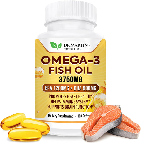 High Strength Omega 3 Fish Oil Supplement | 3750mg Triple Strength Formula with EPA 1200mg & DHA 900mg | Supports Heart, Immune System, Eyes, Skin & Brain | 180 Burpless Softgels