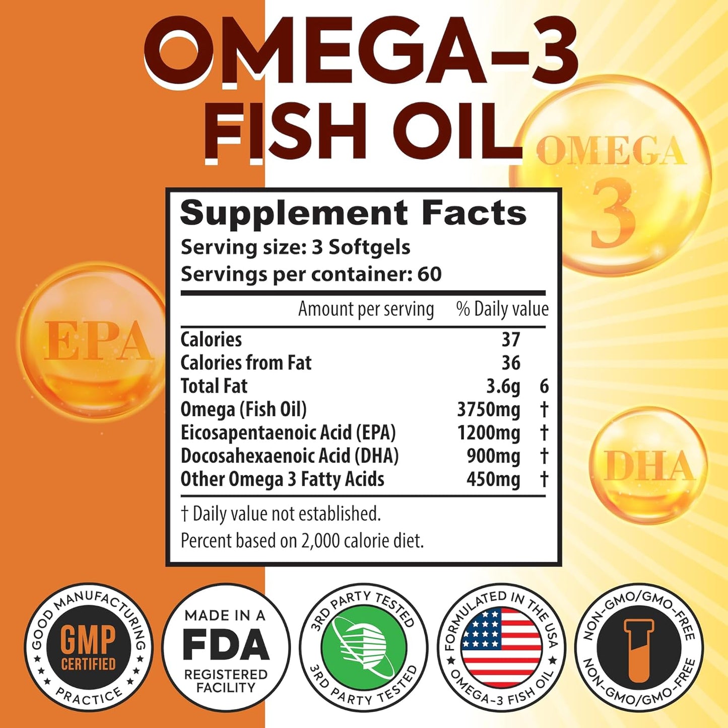 High Strength Omega 3 Fish Oil Supplement | 3750mg Triple Strength Formula with EPA 1200mg & DHA 900mg | Supports Heart, Immune System, Eyes, Skin & Brain | 180 Burpless Softgels