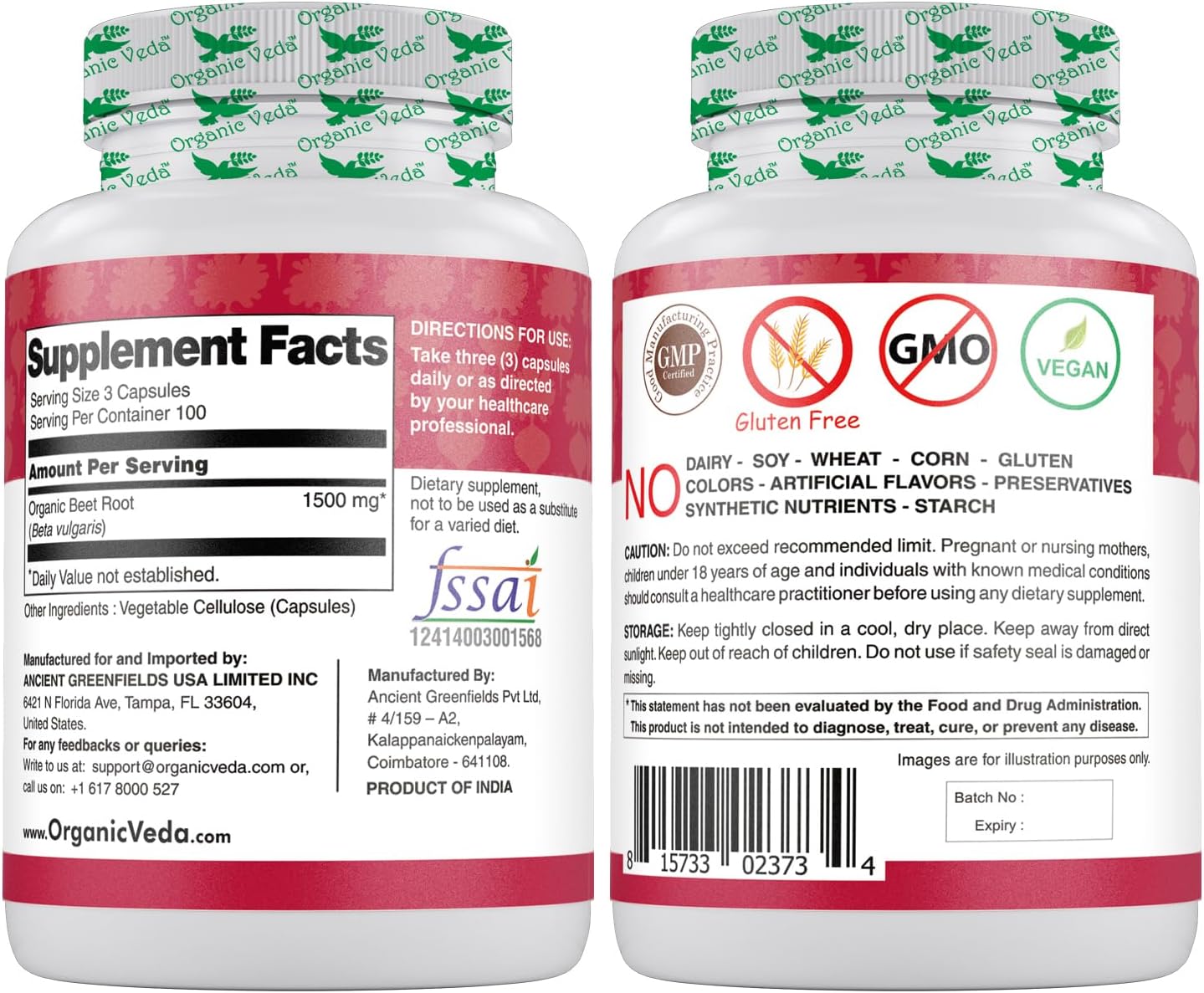 High Strength Organic Veda Beet Root Capsules - 300 Capsules for Circulation, Energy & Stamina - Non-GMO & Gluten-Free - 1500mg Beet Root Powder