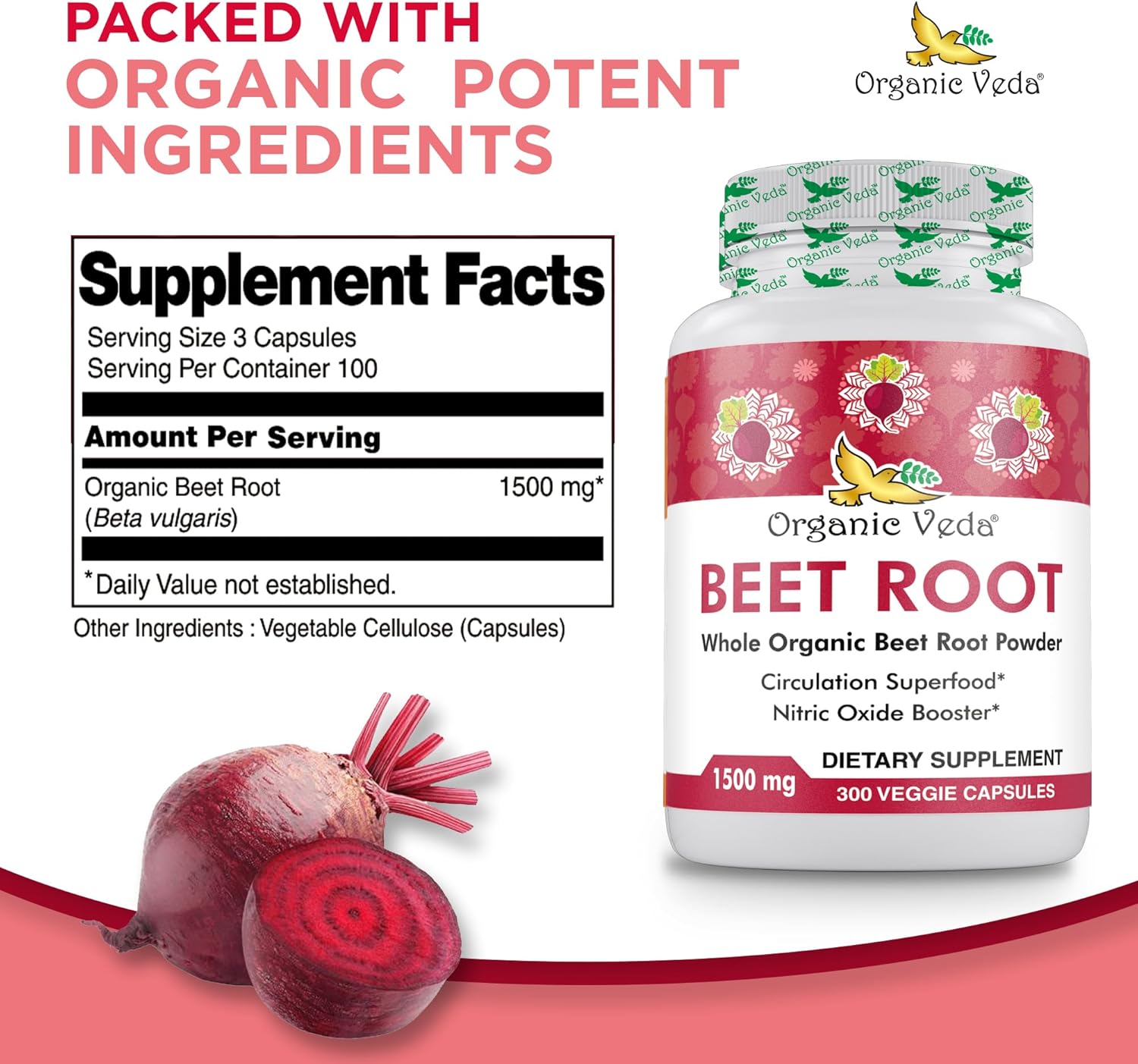 High Strength Organic Veda Beet Root Capsules - 300 Capsules for Circulation, Energy & Stamina - Non-GMO & Gluten-Free - 1500mg Beet Root Powder