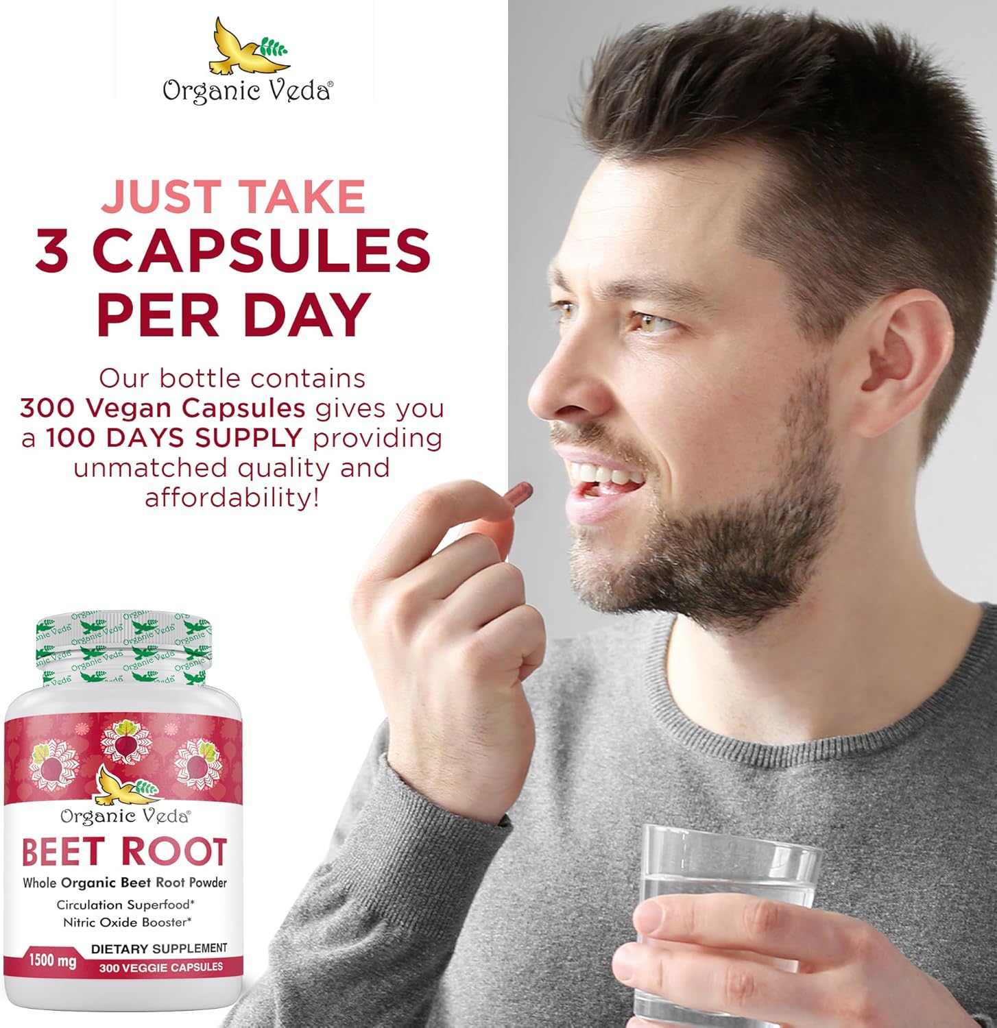 High Strength Organic Veda Beet Root Capsules - 300 Capsules for Circulation, Energy & Stamina - Non-GMO & Gluten-Free - 1500mg Beet Root Powder