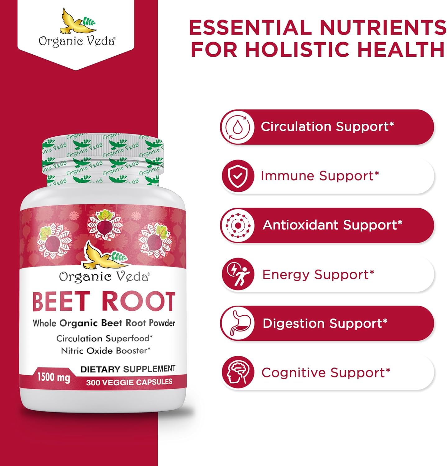 High Strength Organic Veda Beet Root Capsules - 300 Capsules for Circulation, Energy & Stamina - Non-GMO & Gluten-Free - 1500mg Beet Root Powder