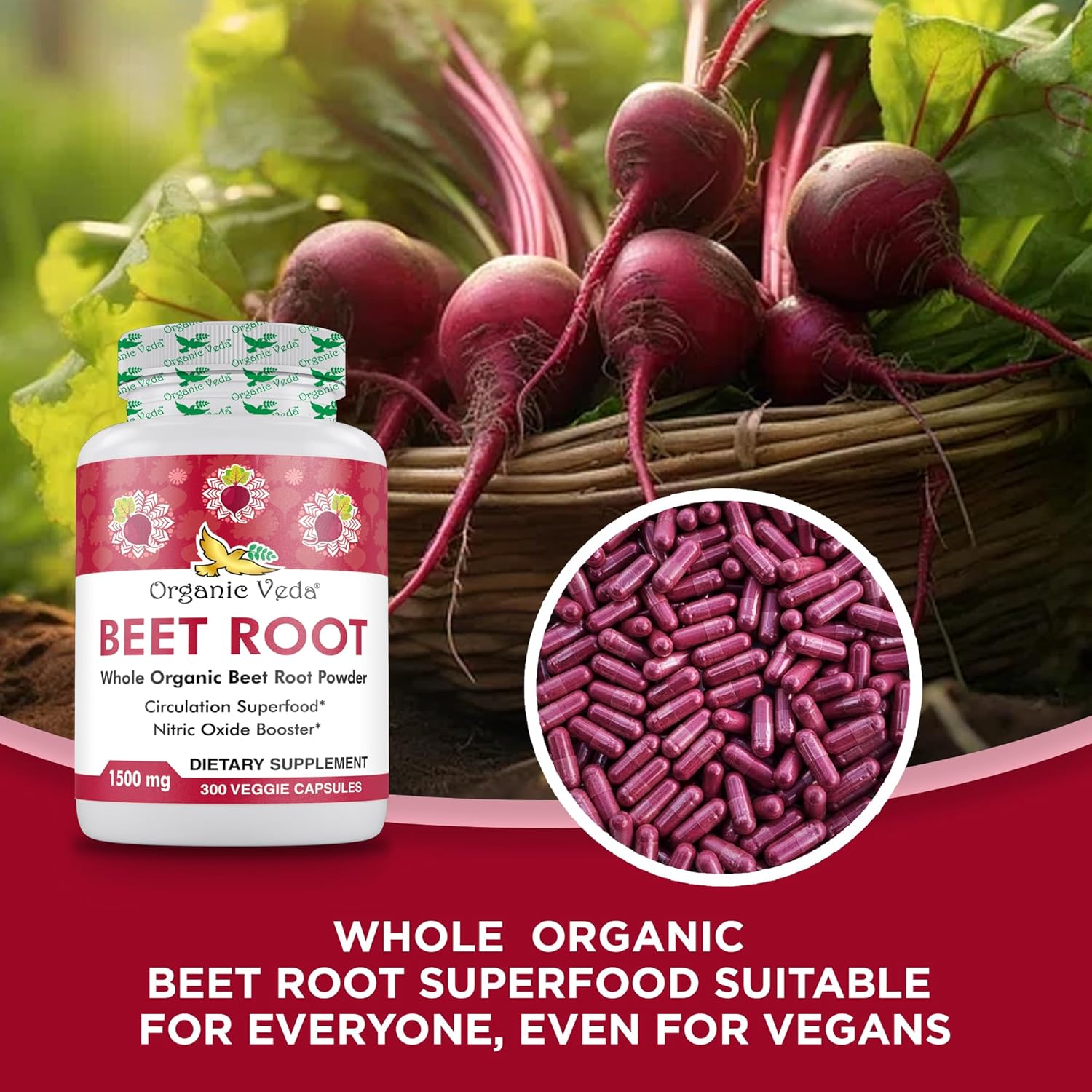 High Strength Organic Veda Beet Root Capsules - 300 Capsules for Circulation, Energy & Stamina - Non-GMO & Gluten-Free - 1500mg Beet Root Powder