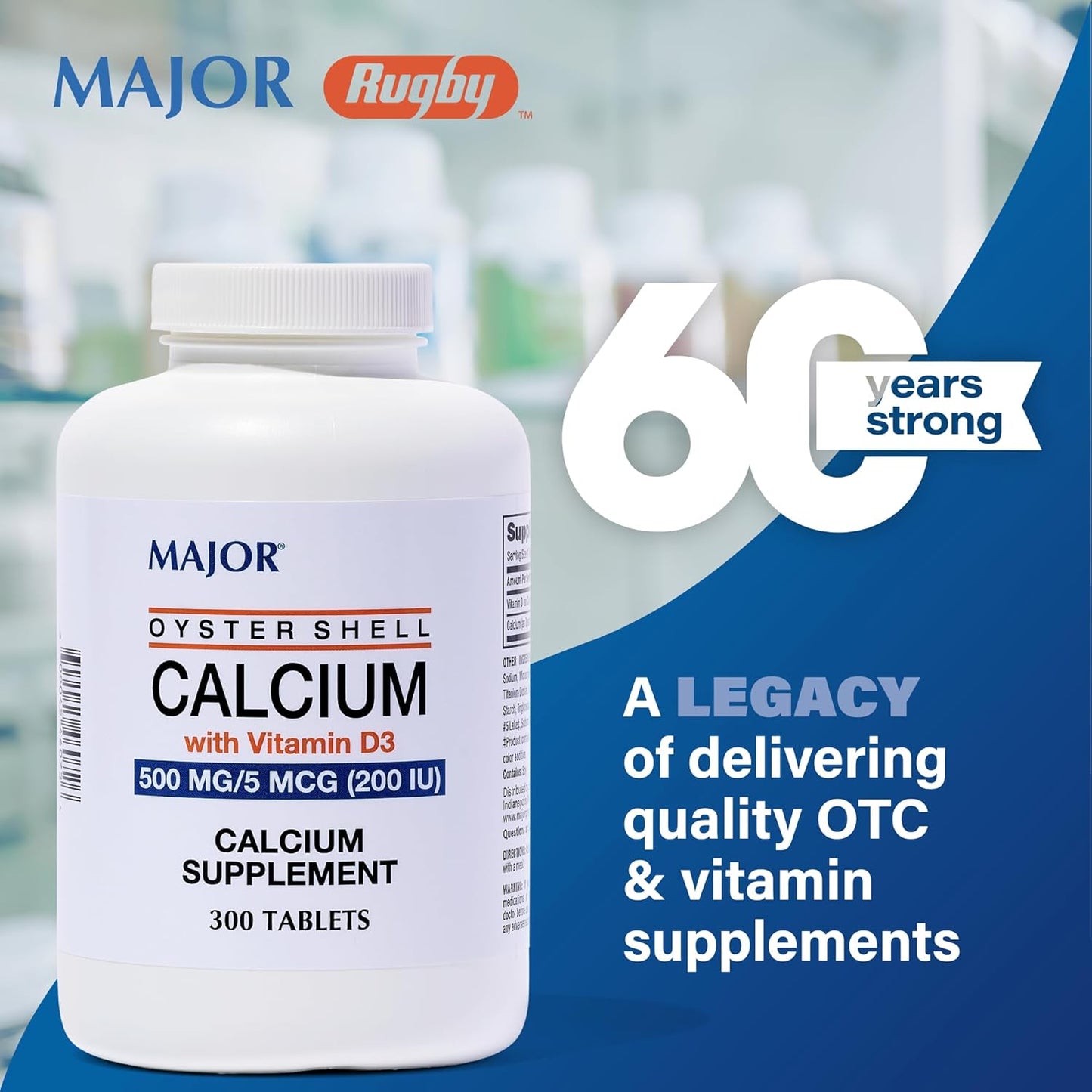 High Strength Oyster Shell Calcium with Vitamin D3 500 mg - 300 Tablets - Daily Calcium Supplement with 5 mcg (200 IU)
