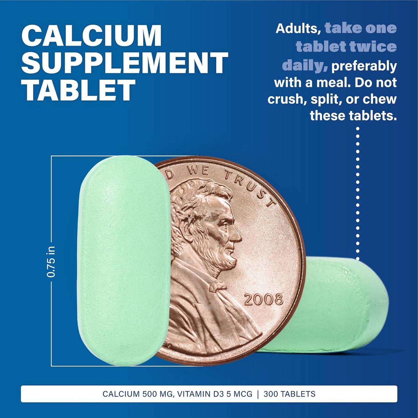 High Strength Oyster Shell Calcium with Vitamin D3 500 mg - 300 Tablets - Daily Calcium Supplement with 5 mcg (200 IU)