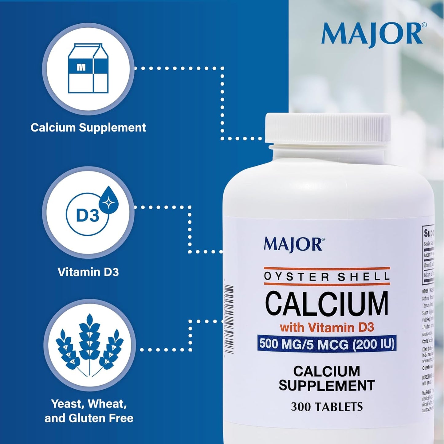 High Strength Oyster Shell Calcium with Vitamin D3 500 mg - 300 Tablets - Daily Calcium Supplement with 5 mcg (200 IU)