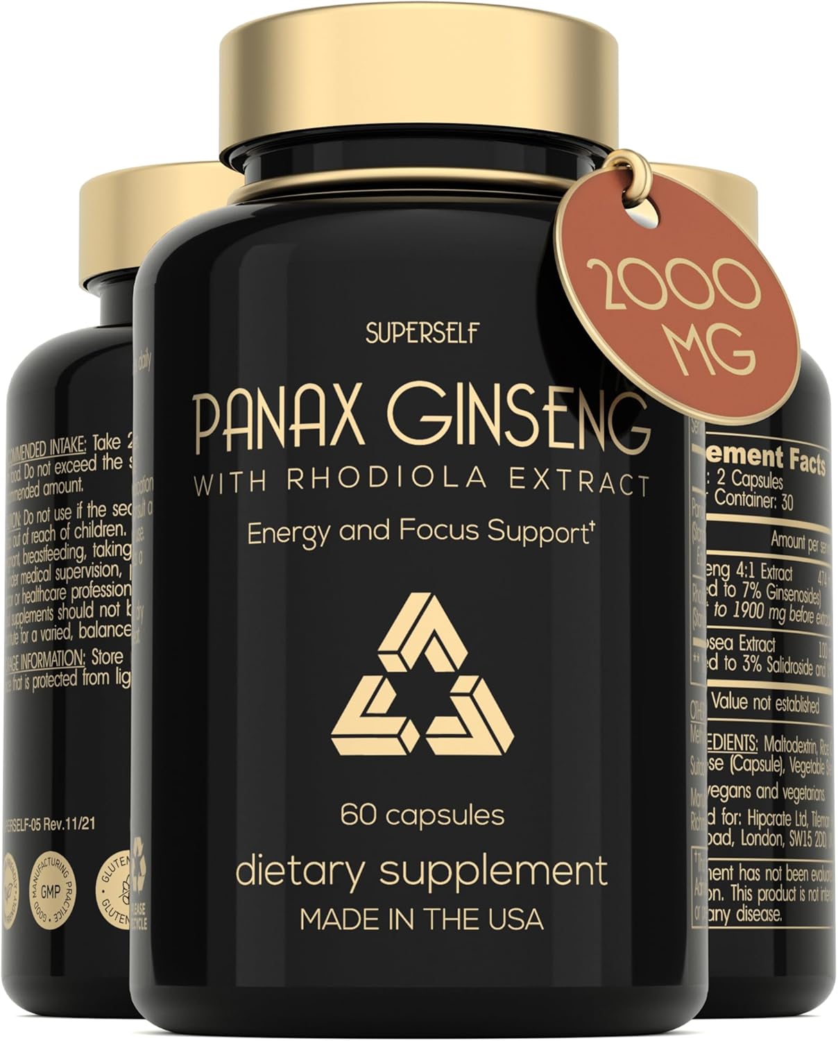 High Strength Panax Ginseng and Rhodiola Rosea Capsules - 2000mg Korean Ginseng Supplement for Energy - 60 Capsules with 7% Ginsenosides - Herbal Energy Complex for Men and Women - Made in USA