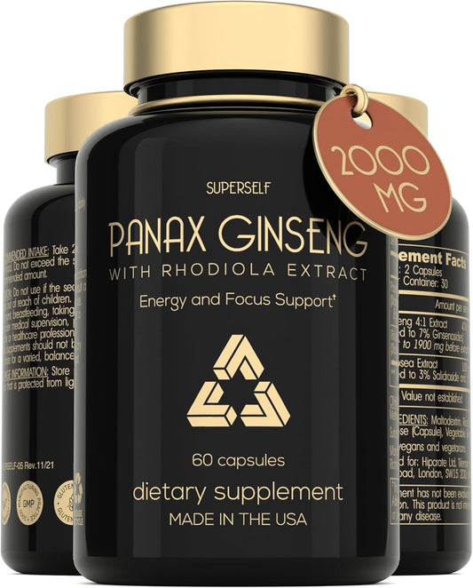 High Strength Panax Ginseng and Rhodiola Rosea Capsules - 2000mg Korean Ginseng Supplement for Energy - 60 Capsules with 7% Ginsenosides - Herbal Energy Complex for Men and Women - Made in USA