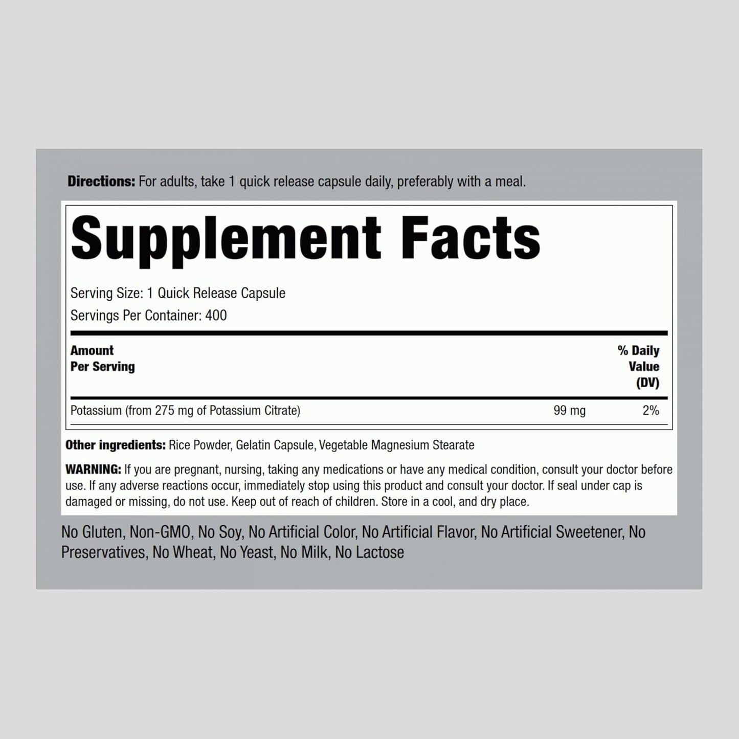 High Strength Potassium Citrate Supplement | 275 mg | 400 Capsules | Non-GMO, Gluten Free - Piping Rock