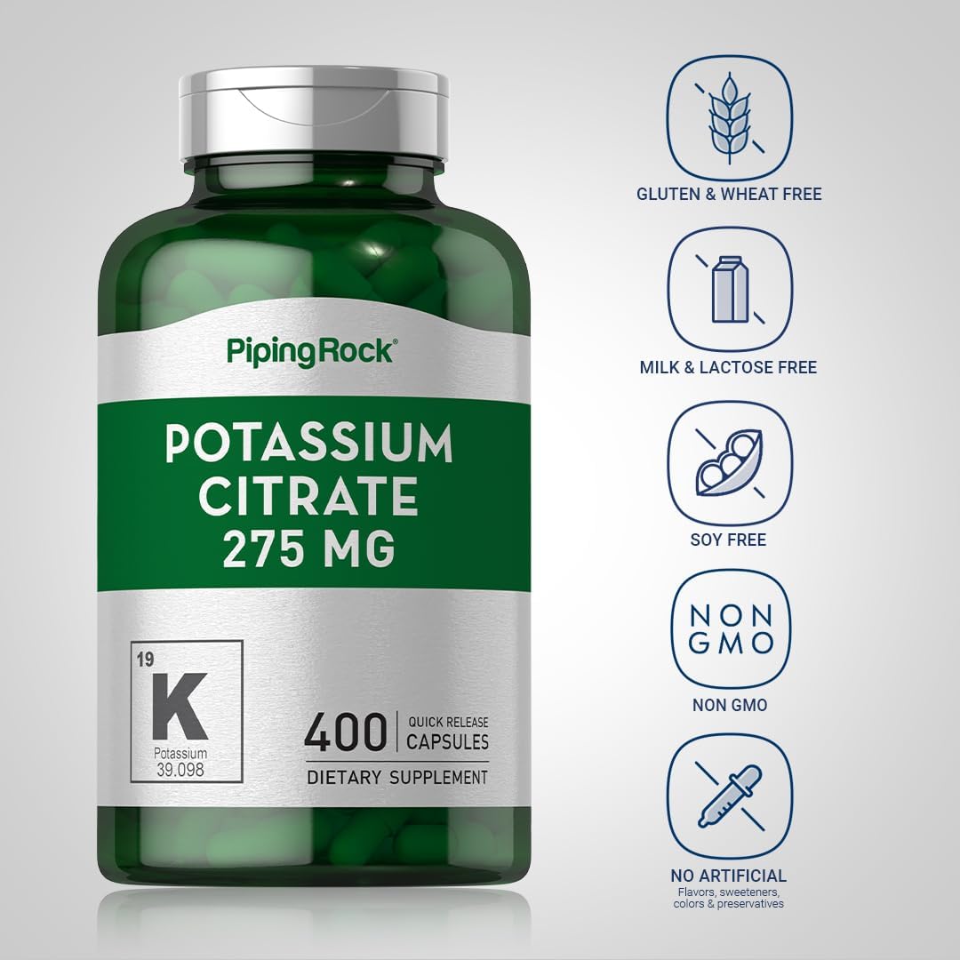 High Strength Potassium Citrate Supplement | 275 mg | 400 Capsules | Non-GMO, Gluten Free - Piping Rock