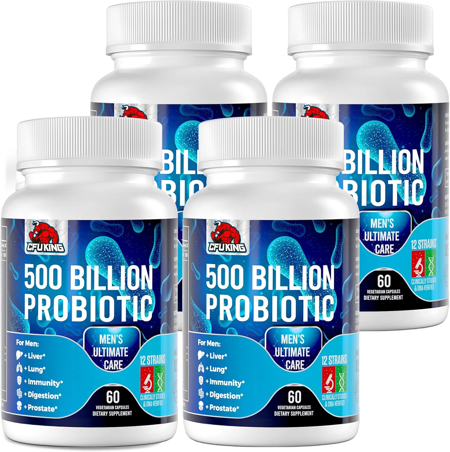 High Strength Probiotics for Men - 500 Billion CFU & 12 Strains + Prebiotic Fiber - Digestive and Immune Health Support - 240 Capsules