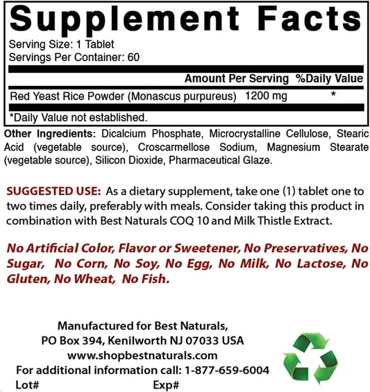 High Strength Red Yeast Rice & COQ10 Supplement - 1200mg & 100mg Capsules