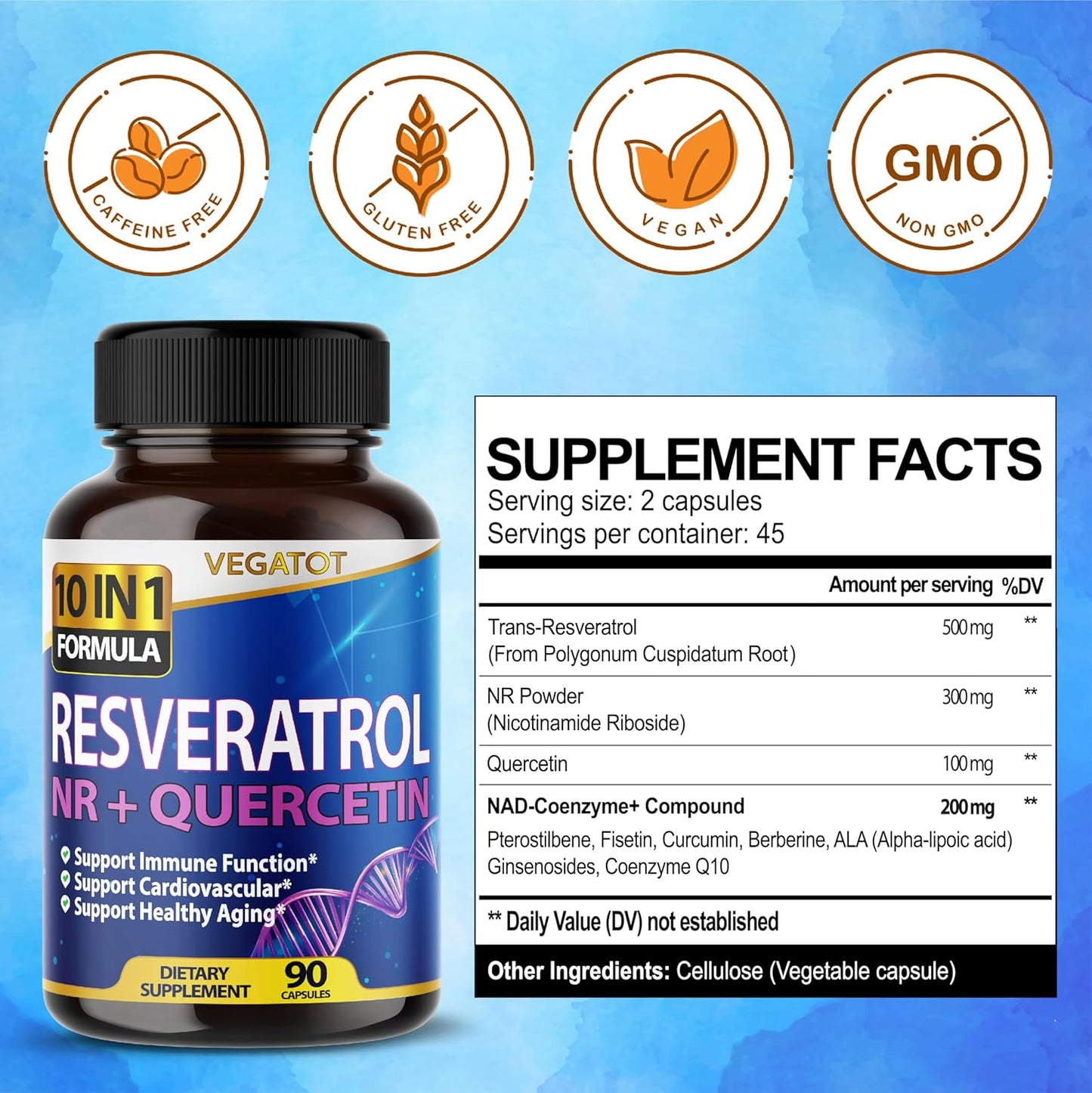 High Strength Resveratrol with Quercetin: 10-in-1 Healthy Aging & Immune Support (90 Count)