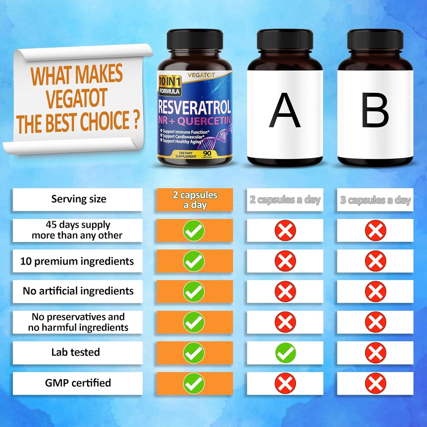 High Strength Resveratrol with Quercetin: 10-in-1 Healthy Aging & Immune Support (90 Count)