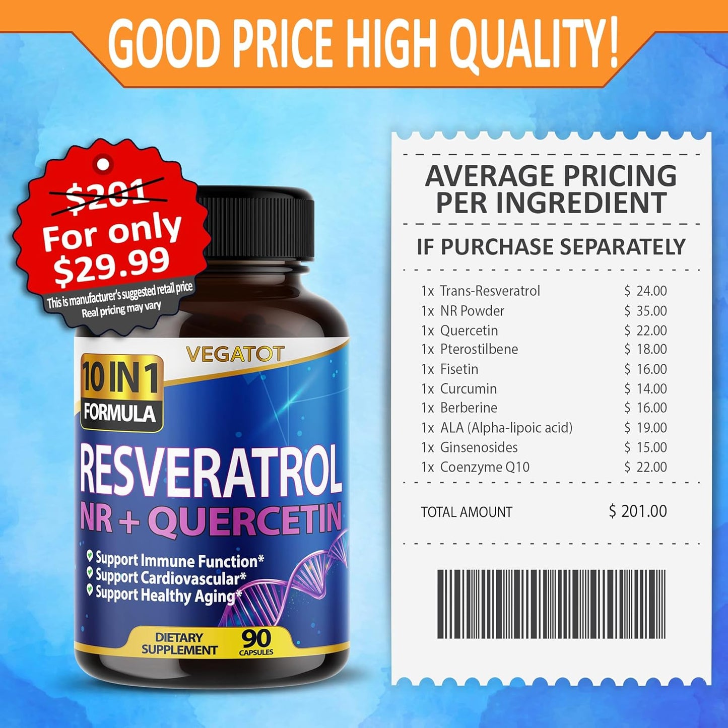 High Strength Resveratrol with Quercetin: 10-in-1 Healthy Aging & Immune Support (90 Count)
