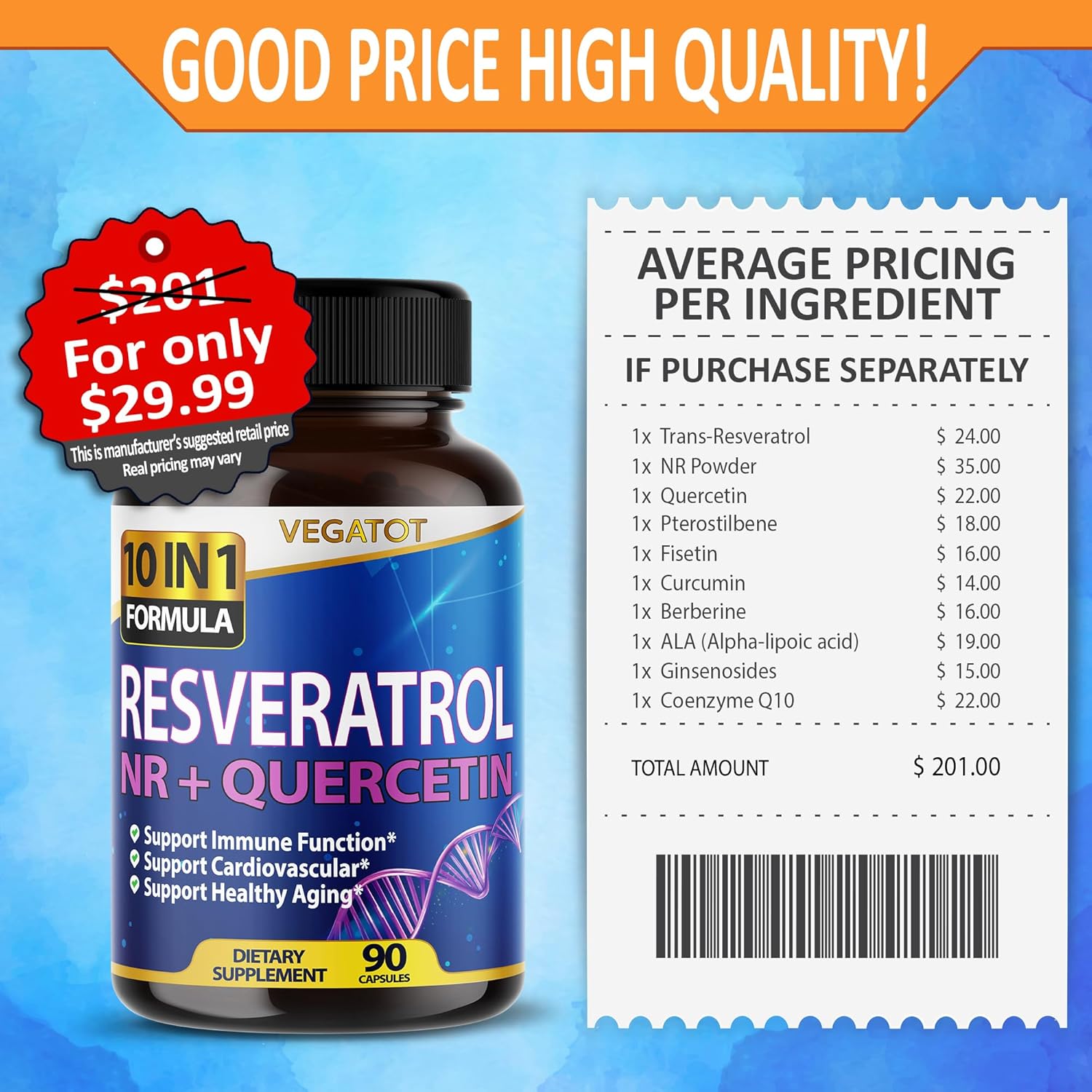 High Strength Resveratrol with Quercetin: 10-in-1 Healthy Aging & Immune Support (90 Count)