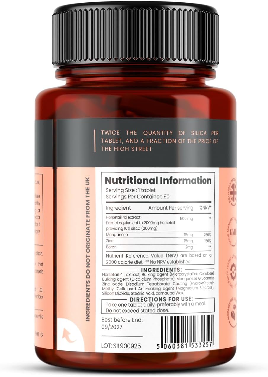 High Strength Silica Complex with 2000mg Horsetail Extract - 3 Month Supply (90 Tablets) by pureclinica