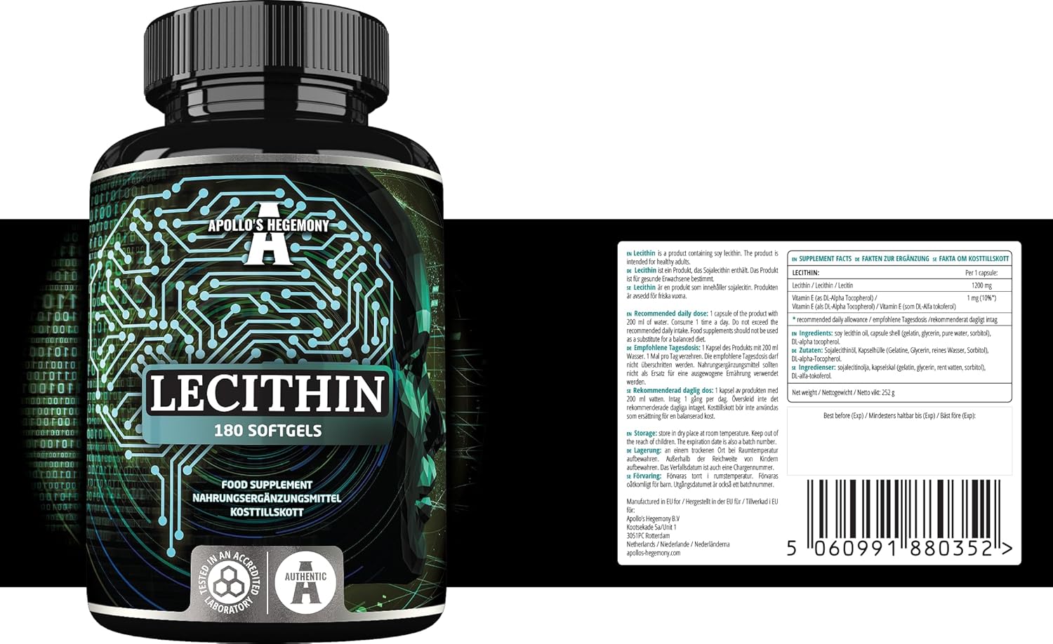 High Strength Soy Lecithin Supplement with Vitamin E - 180 Softgel Capsules - Cognitive and Cardio Health Support - 6 Months Supply