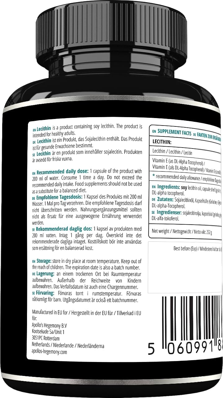 High Strength Soy Lecithin Supplement with Vitamin E - 180 Softgel Capsules - Cognitive and Cardio Health Support - 6 Months Supply