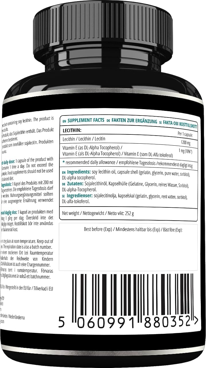 High Strength Soy Lecithin Supplement with Vitamin E - 180 Softgel Capsules - Cognitive and Cardio Health Support - 6 Months Supply
