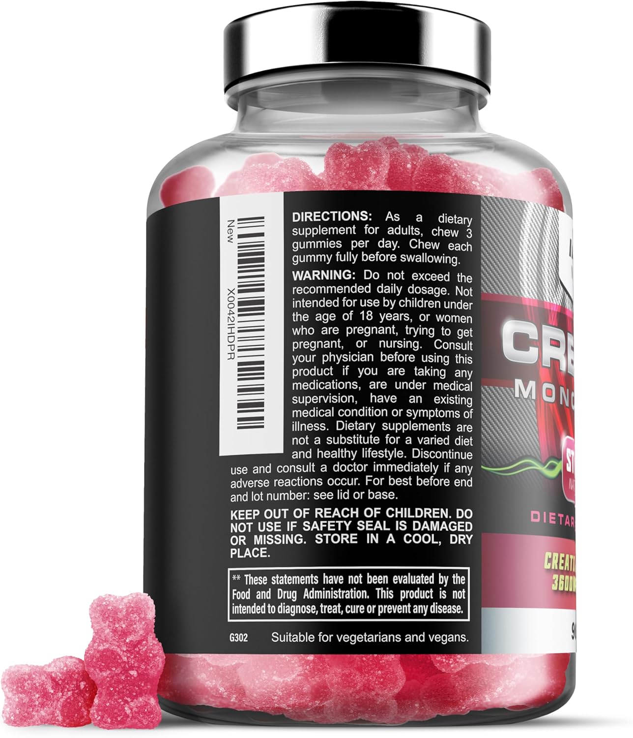 High Strength Strawberry Creatine Gummies - 3600mg Per Serving - Vegan Friendly - Iron Labs Nutrition - 90 Gummy Bears
