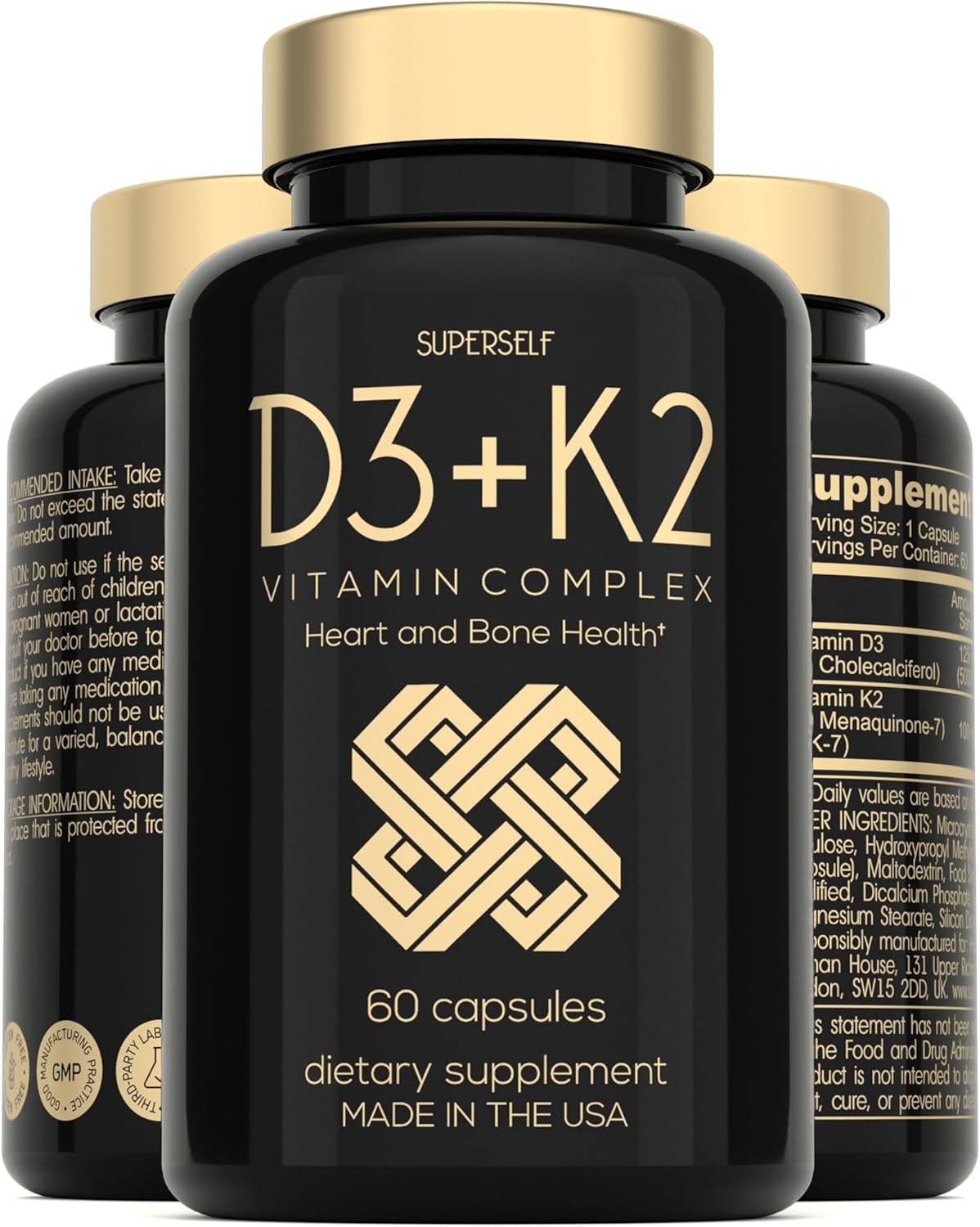 High Strength SuperSelf Vitamin D3 K2 Capsules - 5000 IU D3, 100mcg K2 MK7 - 60 Vegetarian Capsules - USA Made Supplement for Bones, Muscles, Teeth, Immune System
