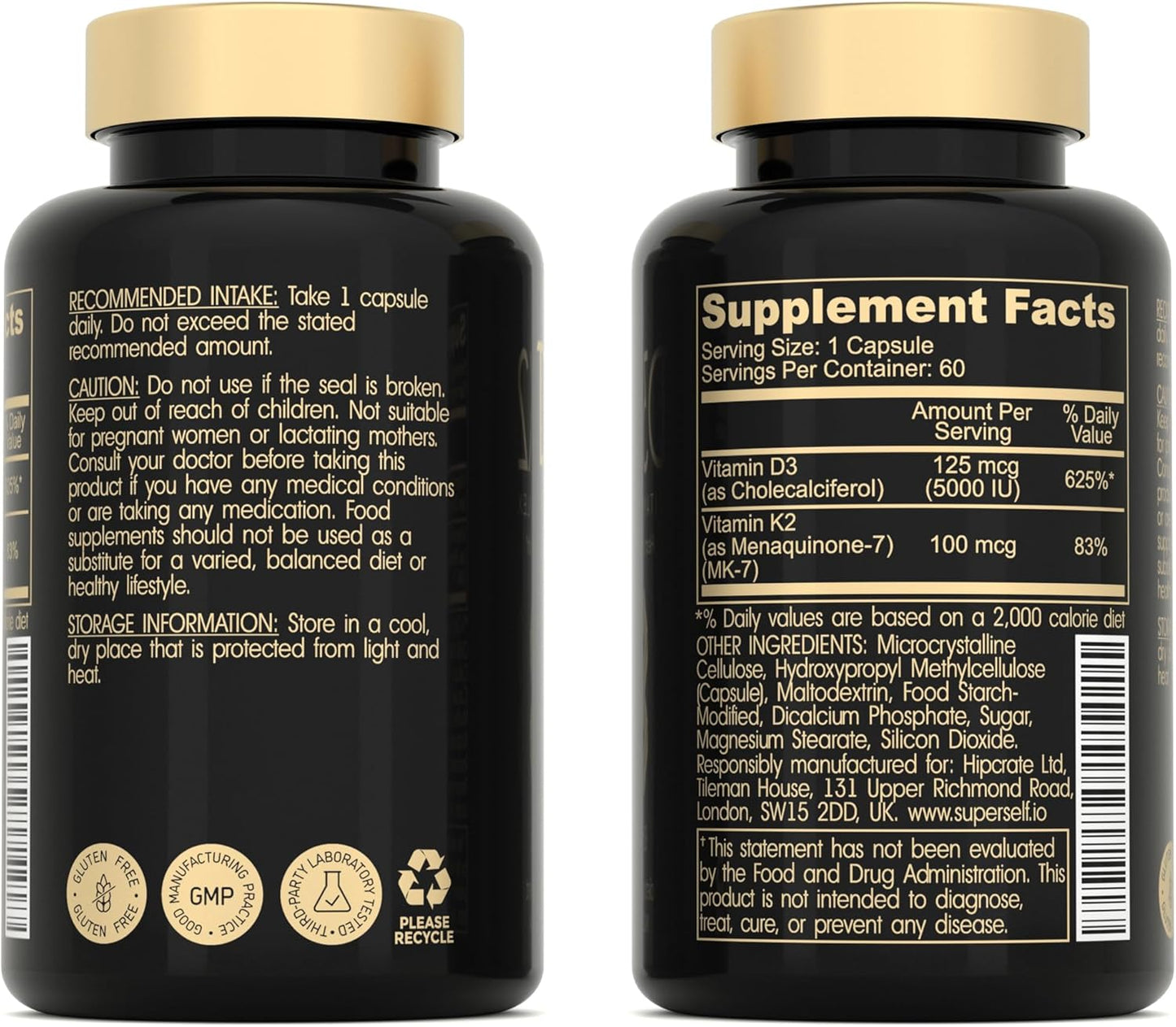 High Strength SuperSelf Vitamin D3 K2 Capsules - 5000 IU D3, 100mcg K2 MK7 - 60 Vegetarian Capsules - USA Made Supplement for Bones, Muscles, Teeth, Immune System