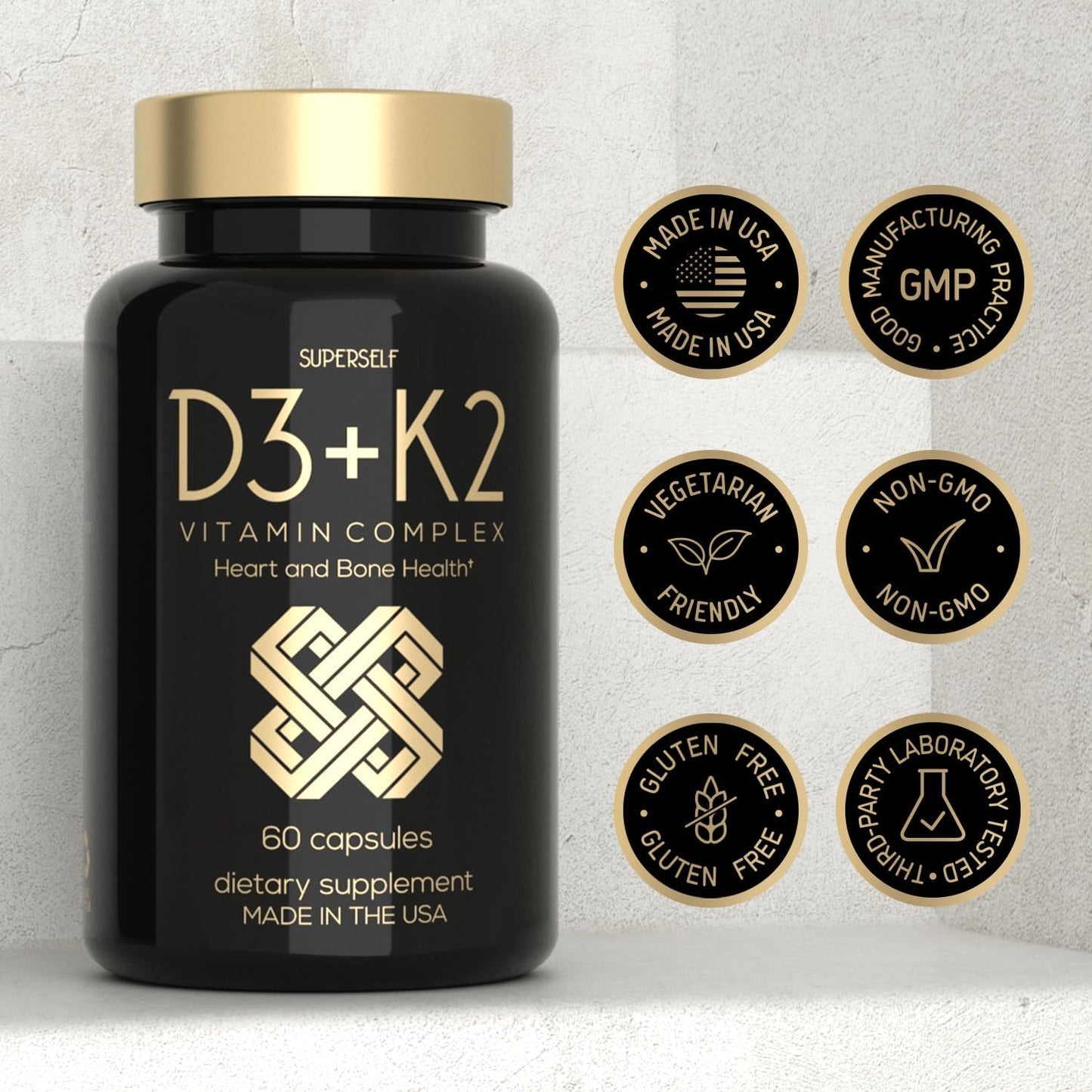 High Strength SuperSelf Vitamin D3 K2 Capsules - 5000 IU D3, 100mcg K2 MK7 - 60 Vegetarian Capsules - USA Made Supplement for Bones, Muscles, Teeth, Immune System