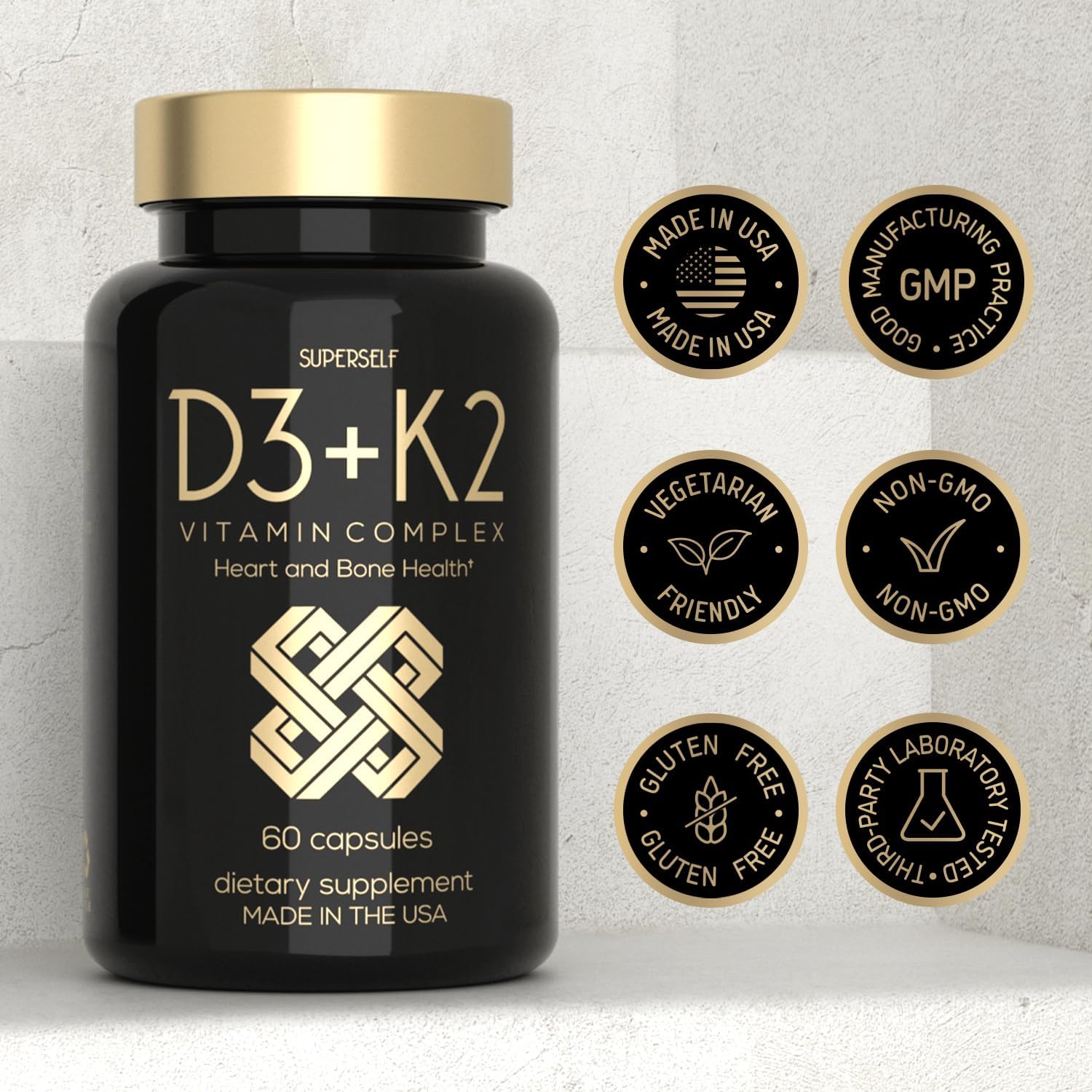 High Strength SuperSelf Vitamin D3 K2 Capsules - 5000 IU D3, 100mcg K2 MK7 - 60 Vegetarian Capsules - USA Made Supplement for Bones, Muscles, Teeth, Immune System